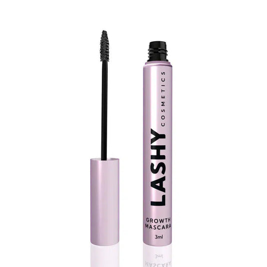 Single pink Lashy Cosmetics mascara bottle standing upright with its lid off, showcasing the applicator positioned upright to the left of the bottle.