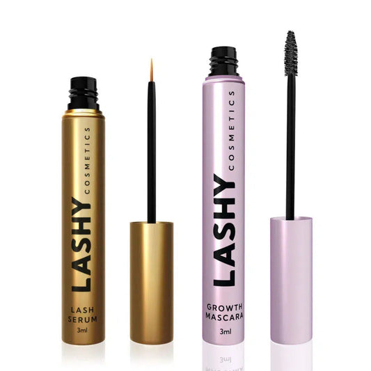 Pink Lashy Cosmetics mascara bottle with lid off on the right and eyelash serum bottle with lid off on the left, both showcasing their applicators.