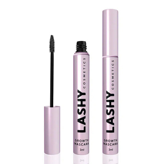 Two pink bottles of Lashy Mascara Growth Serum: one open showcasing the brush applicator and one closed.