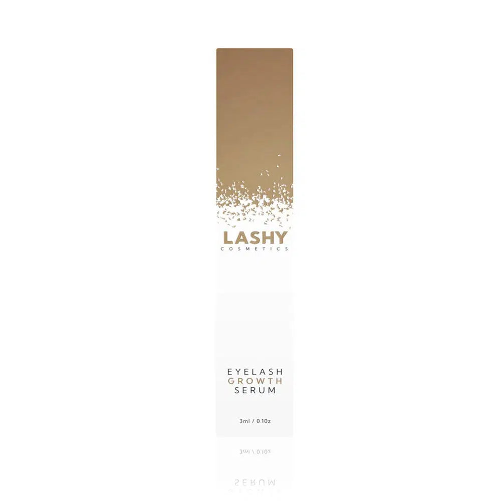 Packaging for Lashy Eyelash Serum, featuring a gold and white gradient design.