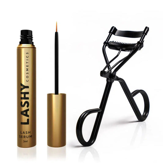 An open Lashy Eyelash Serum bottle with fine-tip applicator alongside a matte black Lashy Eyelash Curler.