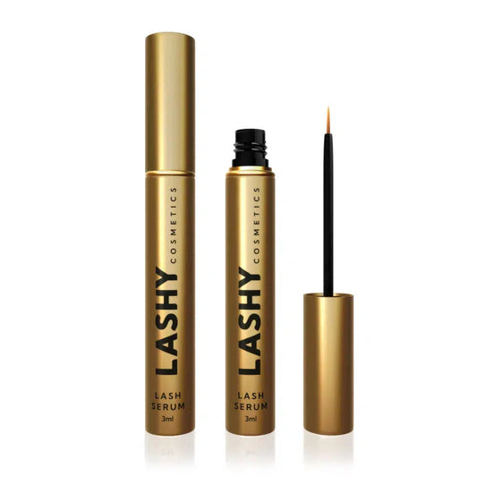 Two Lashy Eyelash Serum bottles: one closed and one open, displaying the fine-tip applicator for precise application.